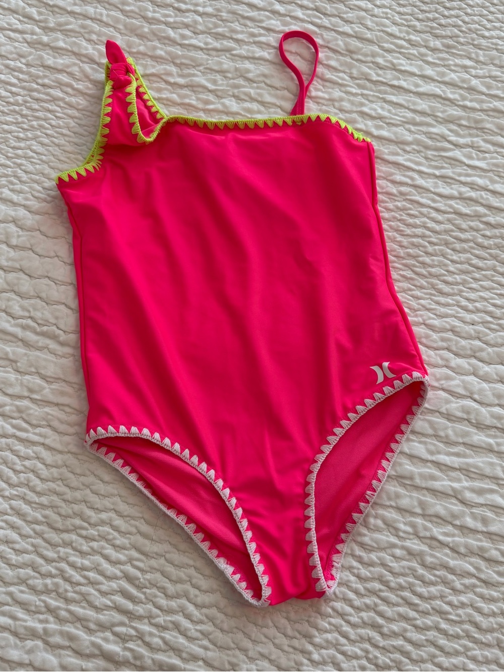 Hurley, Girls’ Hot Pink One-Shoulder Girls' Swimsuit w/ Embroidered Trim, Sz M